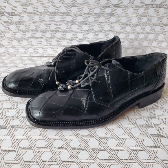 Fennix Italy 100% Crocodile Black Mens Tie Dress Shoe Size 9 GUC - Picture 1 of 15